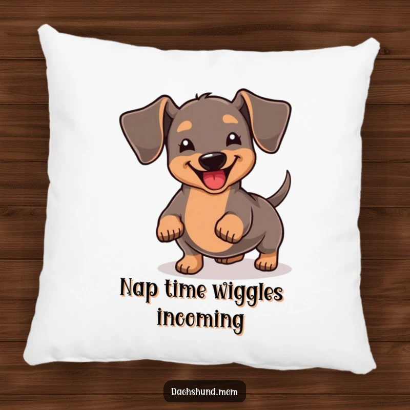 Funny Kawaii Dachshund Pillow: A soft pillow featuring a happy dachshund wiggling its stubby tail with immense joy, perfect for cozying up.