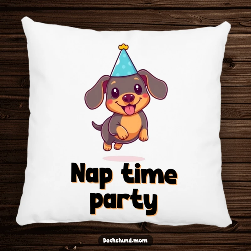 Funny Kawaii Dachshund Pillow: Cute doxie in a party hat, joyfully leaping, a soft and humorous decorative accent.