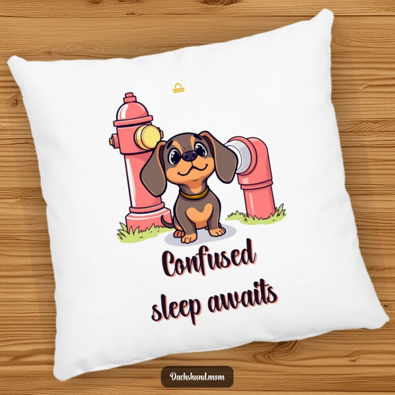 Funny Kawaii Dachshund Pillow: A cute dog looks up in bewilderment at a giant fire hydrant, perfect for hugs and comfort.