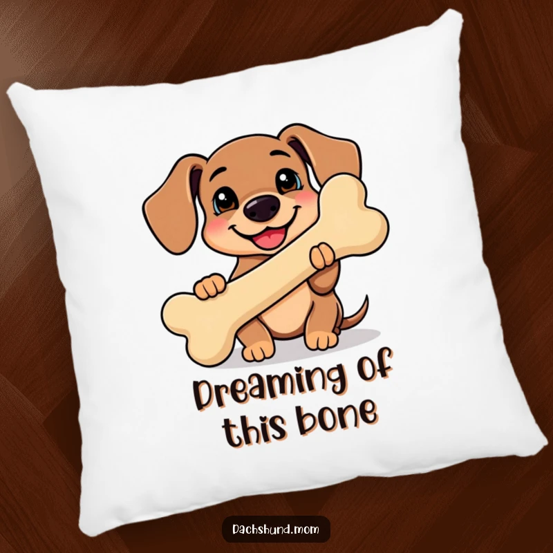 Funny Kawaii Dachshund Pillow featuring a cute, smiling dachshund holding a giant bone, bringing funny charm and comfort.
