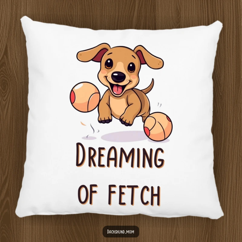 Funny Kawaii Dachshund Pillow: Adorable dog excitedly chasing bouncing ball, cozy cute decor, energetic pet accent.