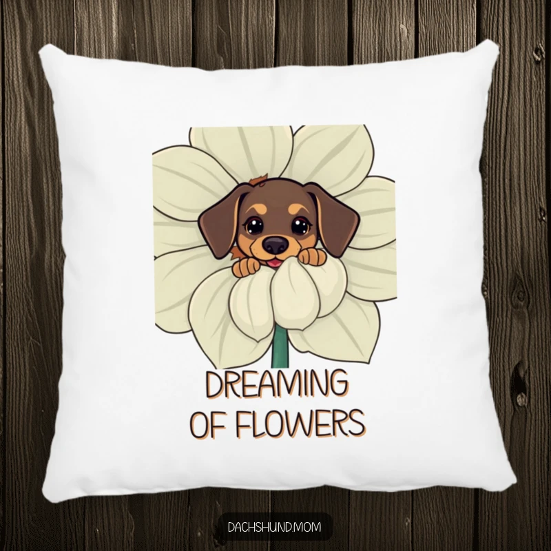 Funny pillow featuring a kawaii dachshund curiously peeking from behind a large flower, soft humor for any room.