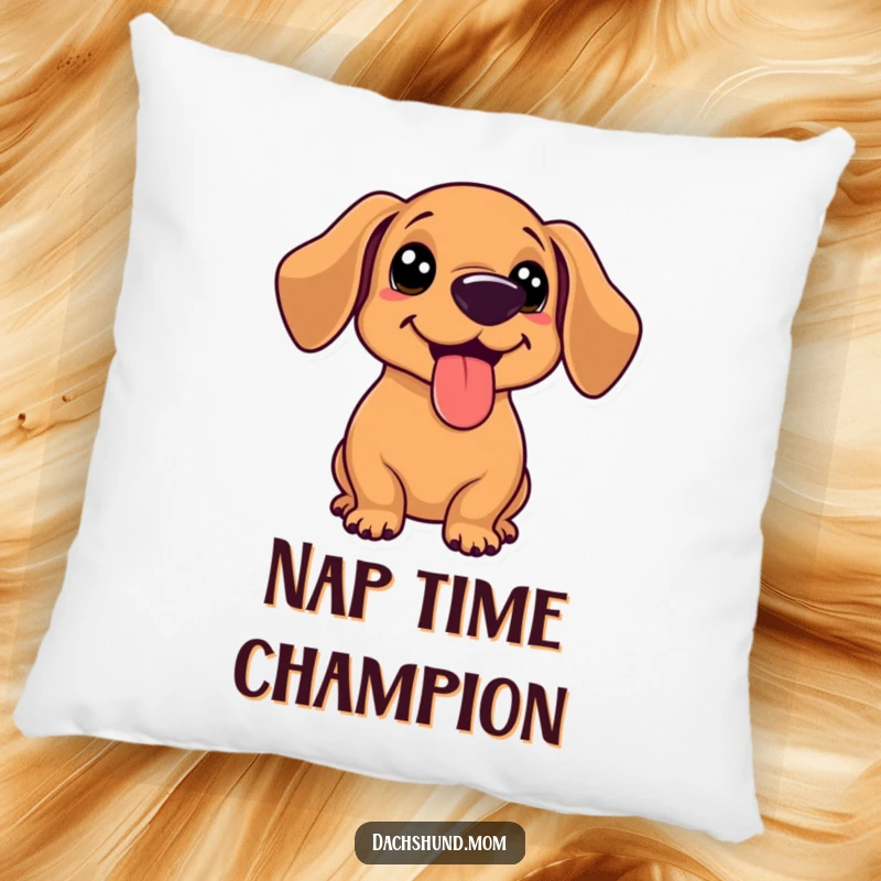 Funny kawaii dachshund with tongue out, panting happily after a game, on a soft decorative pillow.