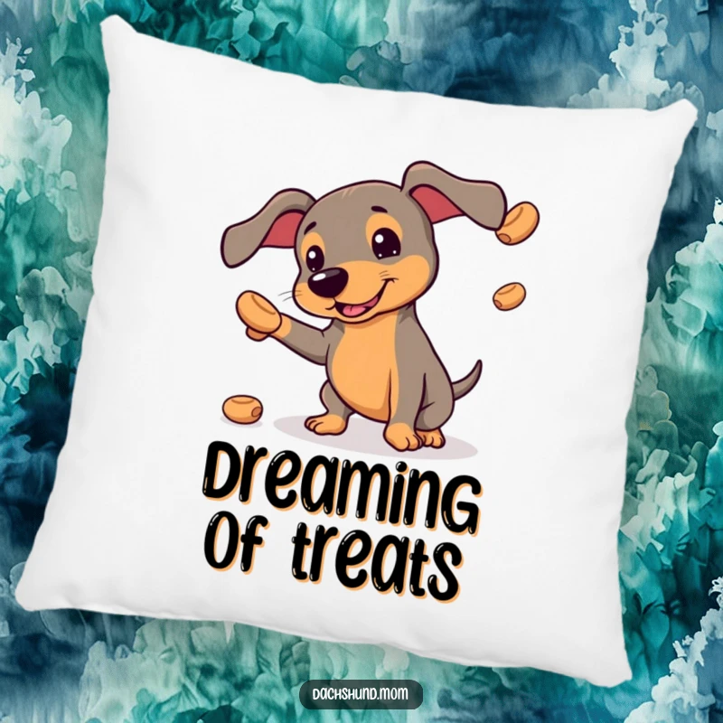 Funny pillow featuring a kawaii dachshund hilariously juggling treats, soft humor for any room.