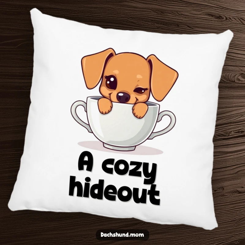Funny accent pillow featuring a kawaii dachshund winking from behind a teacup, offering soft comfort and a dose of cute humor.