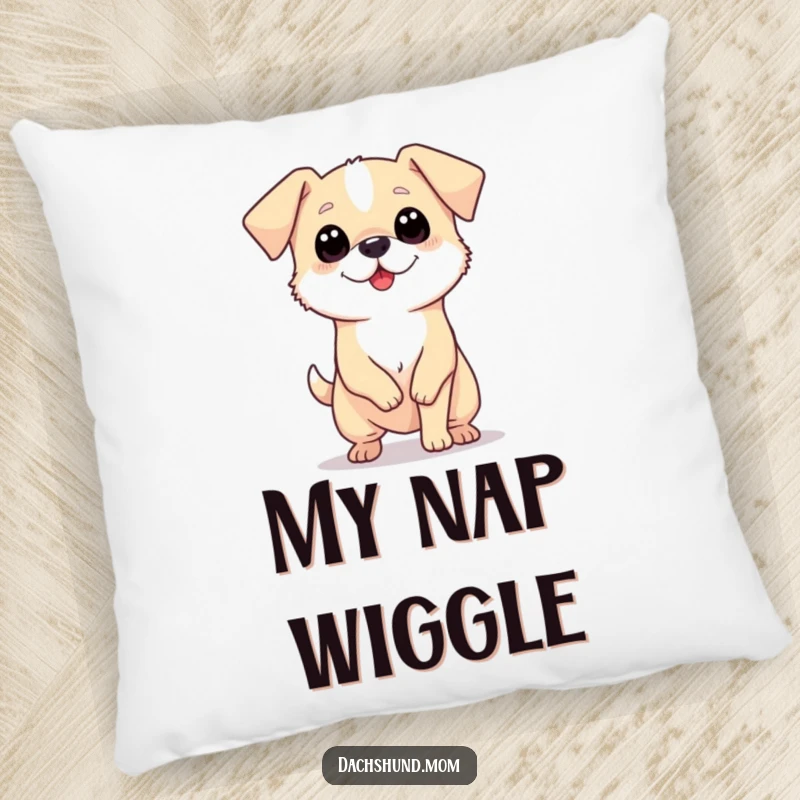 Funny pillow featuring a tiny, long dog with big eyes wiggling its body enthusiastically, offering comfort and joy.