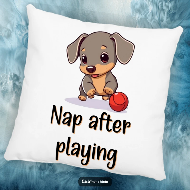 Funny Dachshund Cub Pillow: A cute Dachshund puppy playing with a red ball. Soft and humorous decorative pillow.
