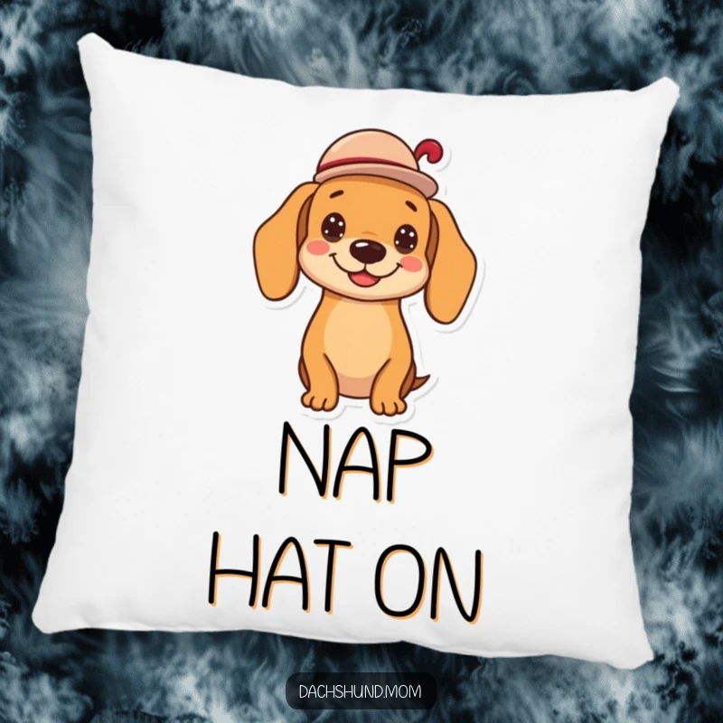 Funny kawaii dachshund pillow, tipping a tiny hat with a cheerful grin, soft and comfortable for a touch of polite humor, a perfect gift.