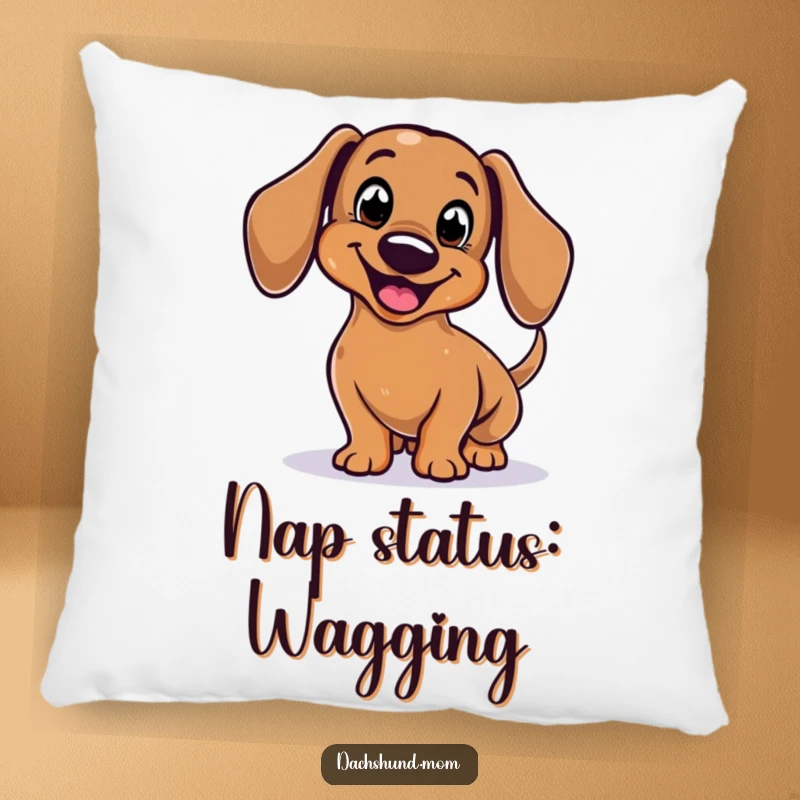 Funny Dachshund Pillow with a stylized, smiling body enthusiastically wagging its tail, offering cozy comfort.