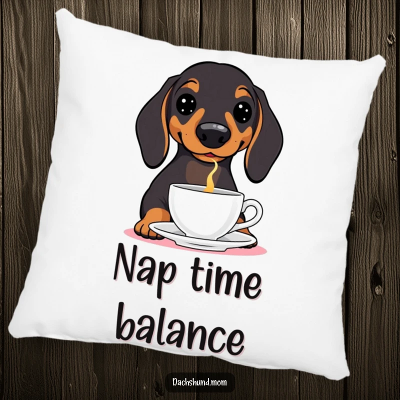 Funny Dachshund Pillow: A soft cushion featuring a wiener dog with intense concentration, balancing a teacup on its nose.