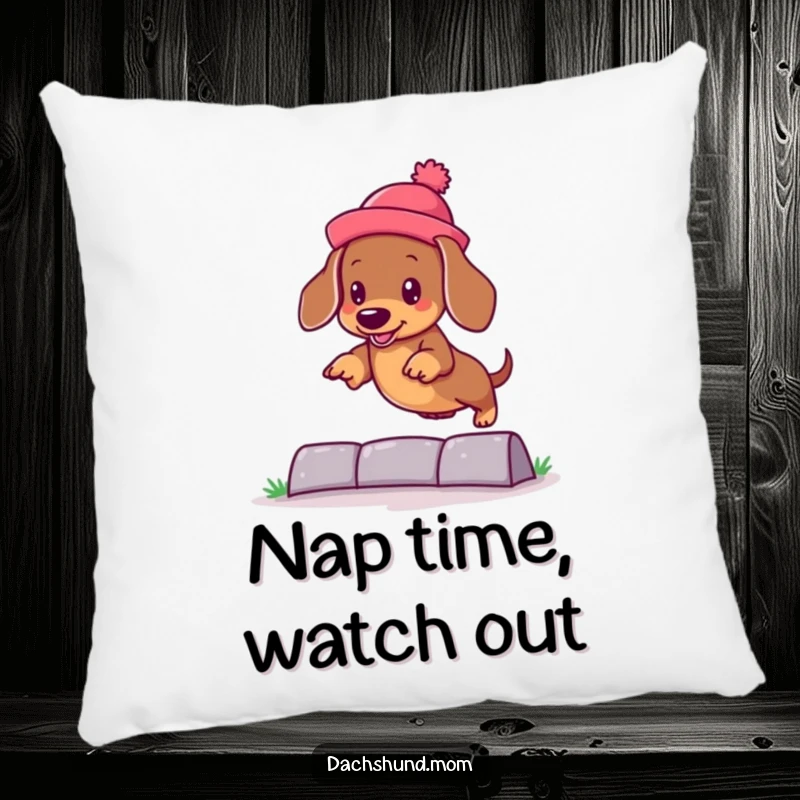 Funny kawaii dachshund pillow featuring a dog in a silly hat jumping over an obstacle, providing comfort and humor.