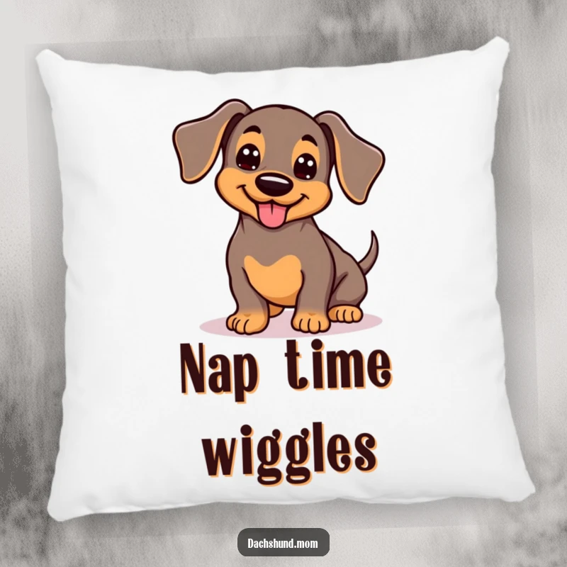 Funny Kawaii Dachshund Pillow: Adorable wiggling dog with wagging tail, cozy cute decor, happy pet accent.