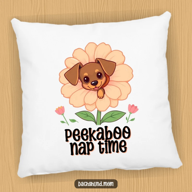 Funny tiny dachshund pillow featuring a dog peeking from behind a flower, providing comfort and a humorous decorative touch.