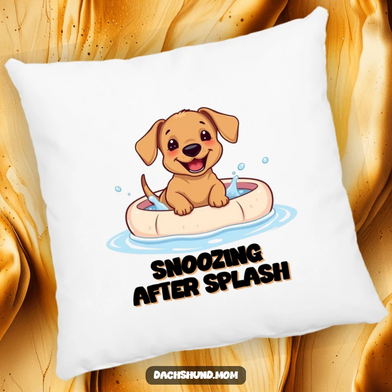 Funny Dachshund puppy pillow, a cute dog giggling while splashing water in a kiddie pool.