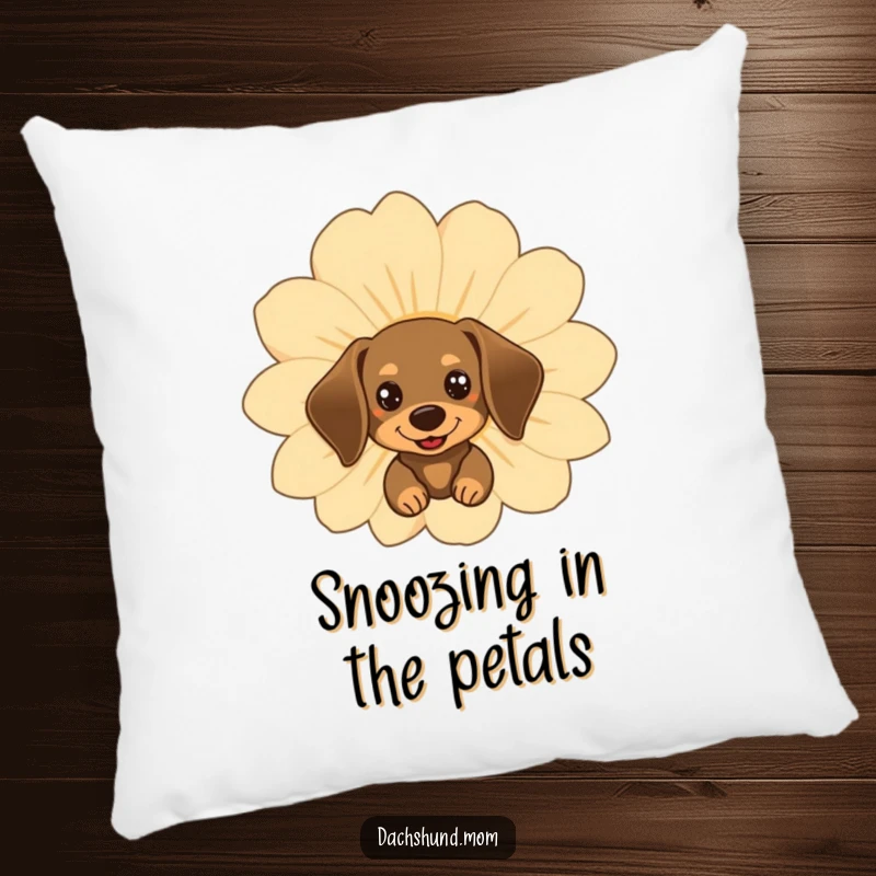 Funny kawaii dachshund peeking behind a big happy flower, featured on a soft, decorative pillow.