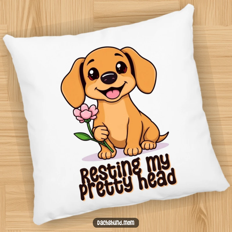 Funny Kawaii Dachshund Pillow with a cute dog offering a flower, providing comfort and a delightful decorative accent. Cozy gift.