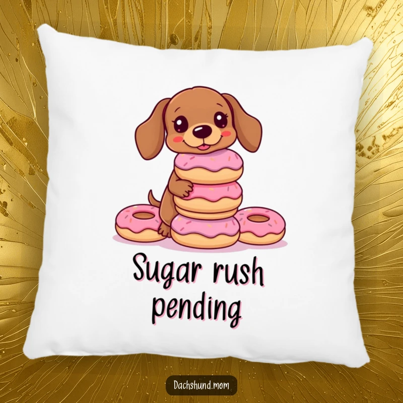 Funny Kawaii Dachshund Pillow, illustrating a dog balancing a stack of donuts, perfect for a humorous and cozy gift.