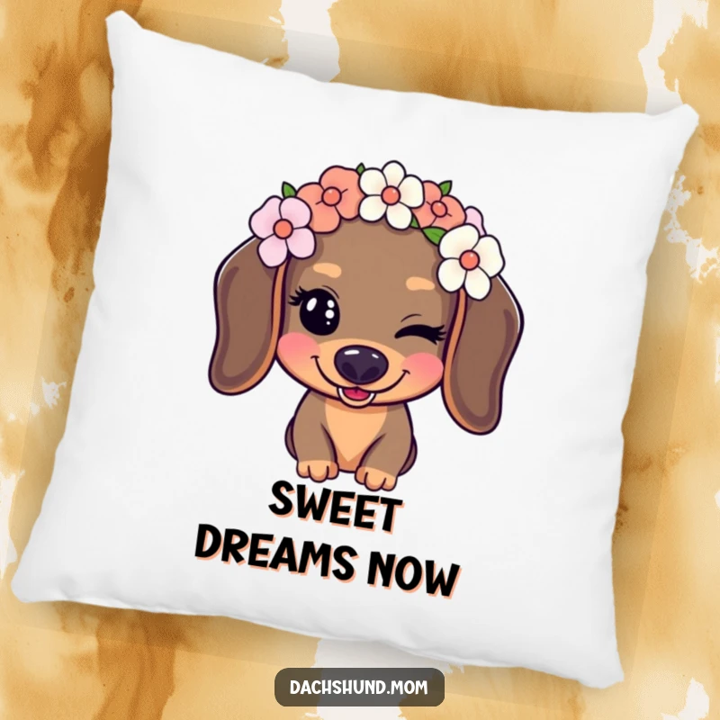 Funny Kawaii Dachshund Pillow showing a dog with a flower crown playfully winking, perfect for a humorous and cozy gift.