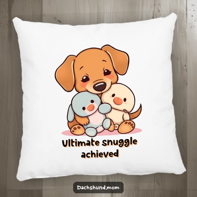 Funny Kawaii Dachshund Pillow, a soft cushion featuring a dog with a plush toy, perfect for hugs and decor.