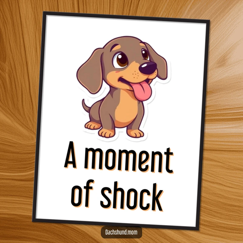 Funny Dachshund Digital Art Print: A humorous illustration of a wiener dog with a shocked expression and tongue sticking out.