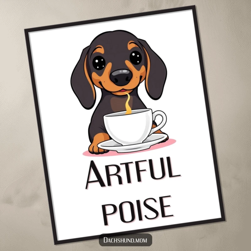 Funny Dachshund Digital Art Print: A humorous illustration of a wiener dog with perfect balance, holding a teacup on its nose.