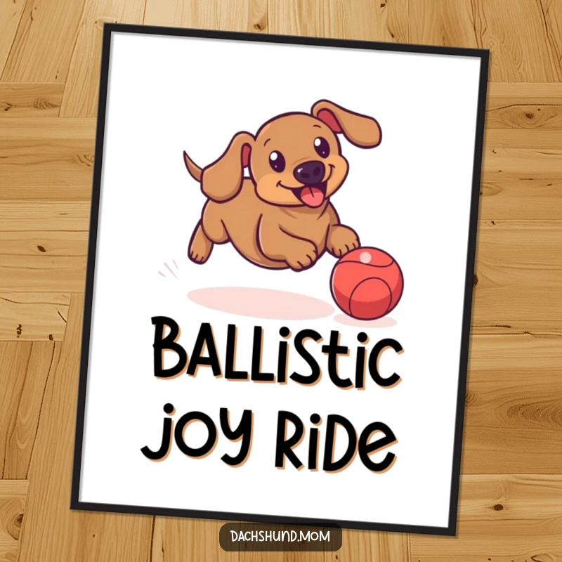 Funny digital art print of a dachshund energetically chasing a bouncing ball, conveying playful action and fun.