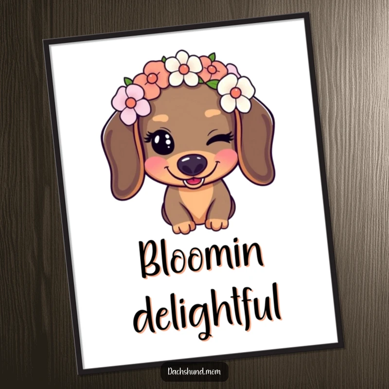 Funny Kawaii Dachshund Digital Art Print of a dog with a flower crown playfully winking, perfect for humorous and instant decor.