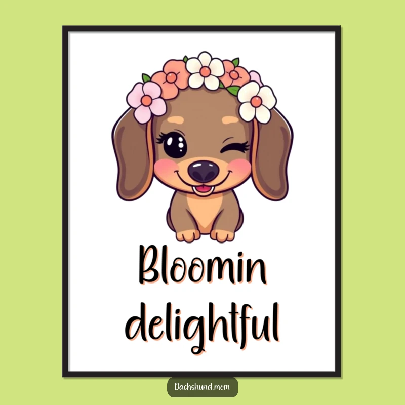 Funny Kawaii Dachshund Digital Art Print: Flower Crown Wink Art
