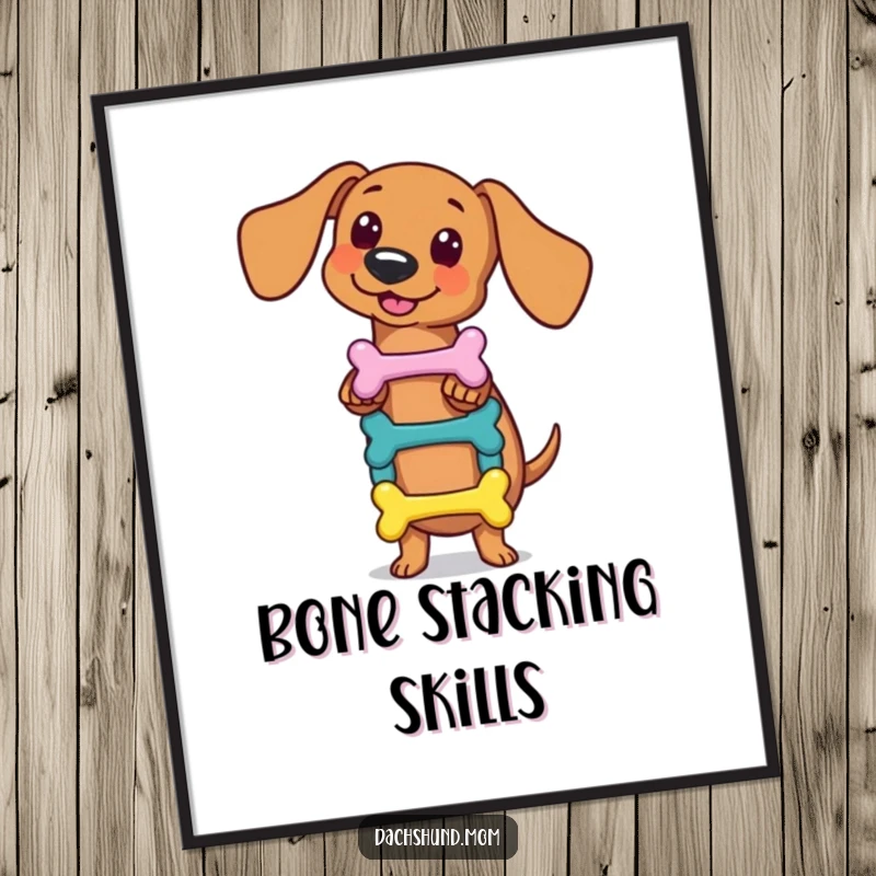 Funny kawaii dachshund digital art print, skillfully balancing a small stack of colorful bones, perfect for instant humor and showcasing talent, a great gift.