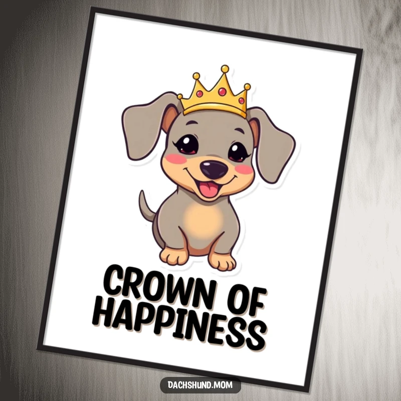 Funny kawaii dachshund wearing a crown and wagging its tail, a high-quality digital art print.