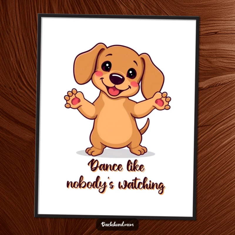 Funny Kawaii Dachshund Digital Art: A high-resolution image of a kawaii dachshund joyfully dancing with front paws in the air, full of energy.