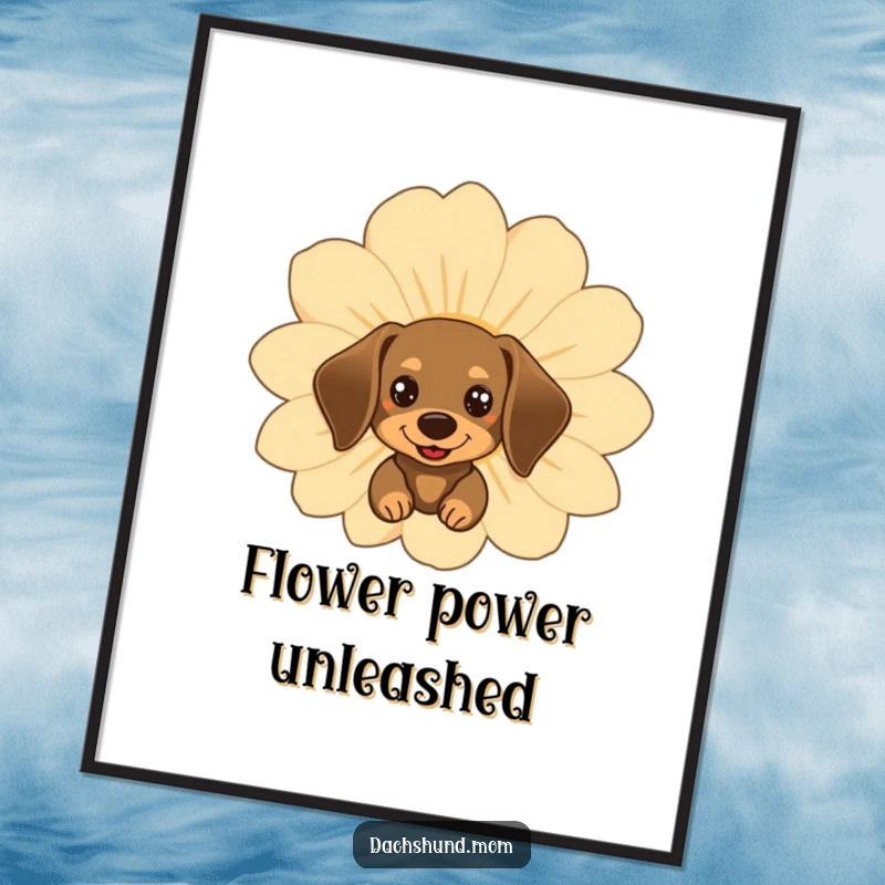 Funny kawaii dachshund peeking from behind a giant, happy flower, available as a downloadable art print.