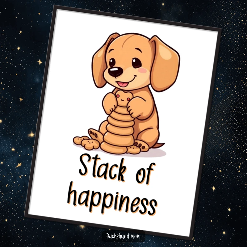 Funny Dachshund Biscuits Digital Art Print: Dachshund cub balancing a stack of tiny dog biscuits. Skillful and humorous artwork.
