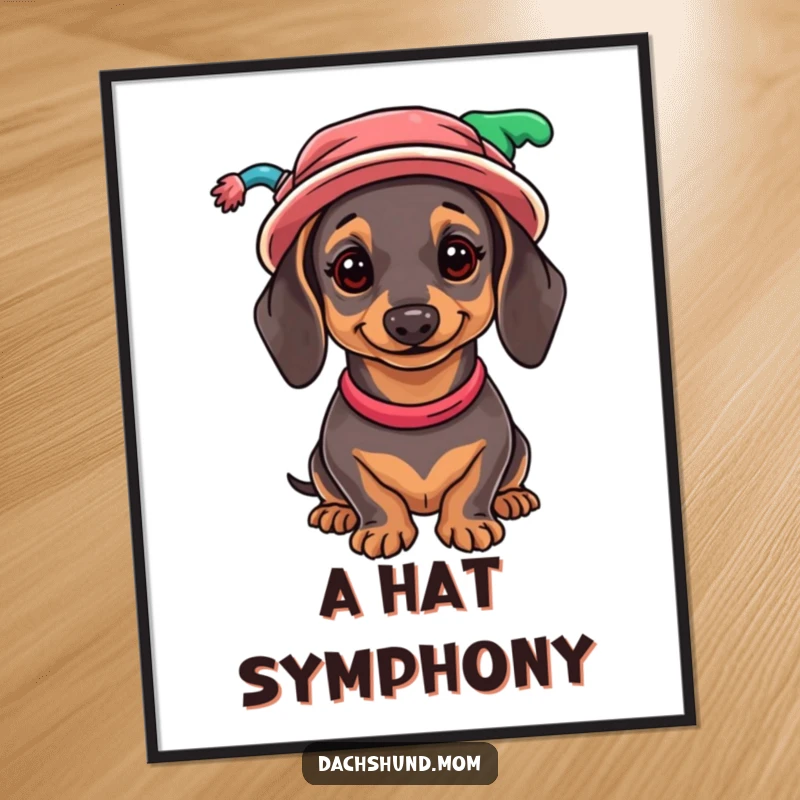 Funny Dachshund Digital Art Print: A whimsical illustration of a wiener dog wearing a vibrant collection of mismatched hats.