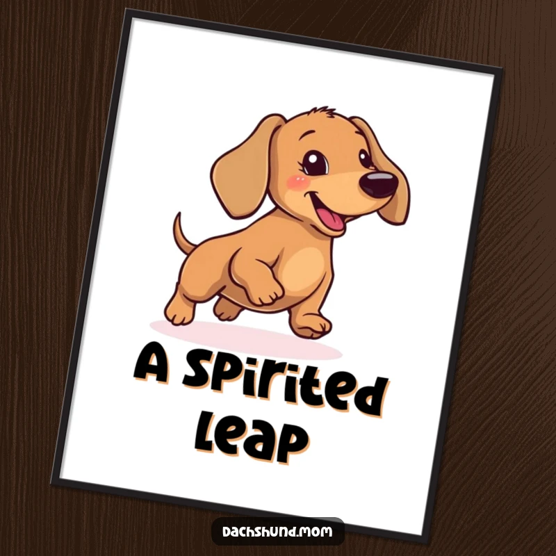 Funny Dachshund Digital Art Print: A humorous illustration of a wiener dog performing a silly, energetic hop with joy.