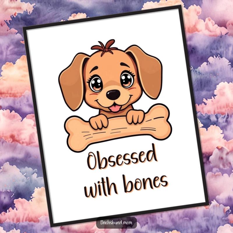 Funny Kawaii Dachshund Digital Art Print of a dog with sparkling eyes peeking from behind a giant bone, for printing.