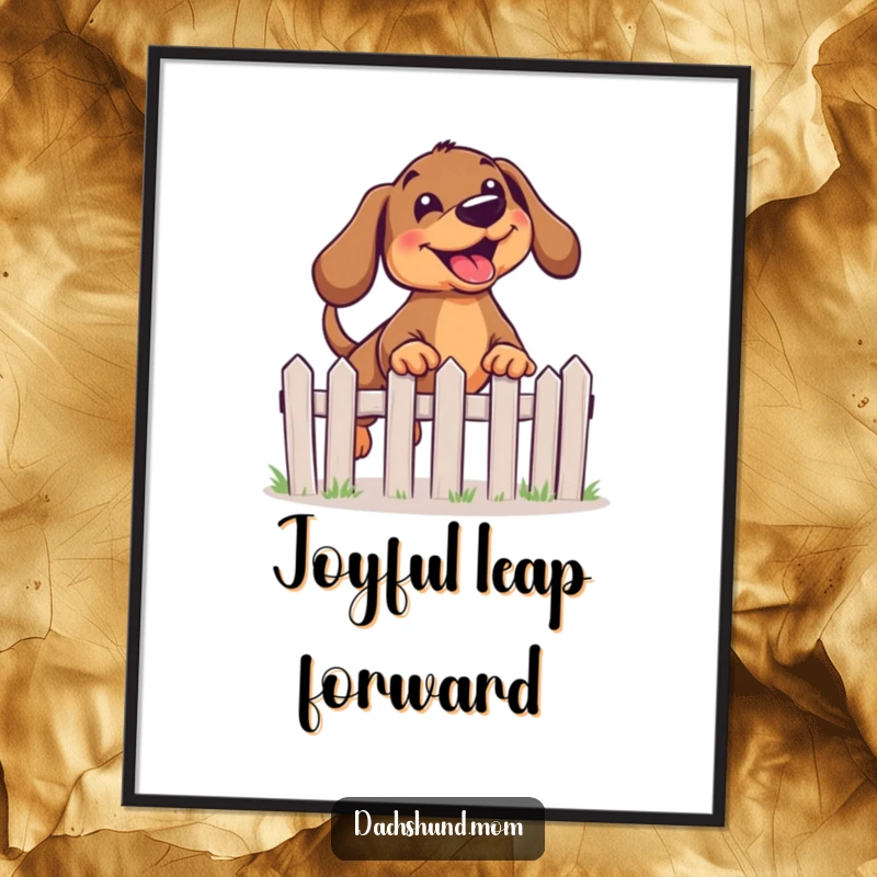 Funny Kawaii Dachshund Digital Art Print of a joyful dog leaping energetically over a miniature fence, for printing.