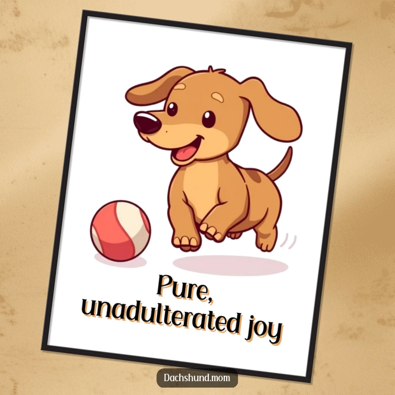 Funny Kawaii Dachshund Digital Art Print: Cute doxie wagging its tail vigorously while chasing a bouncing ball, fun wall art.