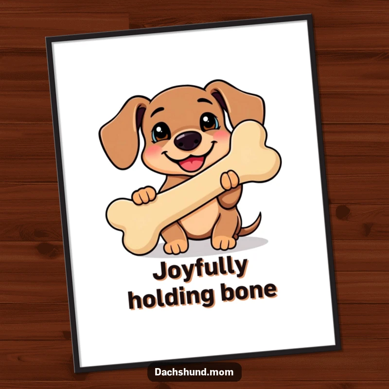 Funny Kawaii Dachshund Digital Art Print of a super cute dachshund proudly holding a giant smiling bone, ideal for funny decor.