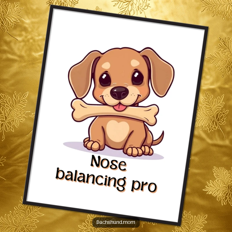 Funny Kawaii Dachshund Digital Art: A cute dog intensely balances a bone on its nose, showcasing impressive focus and charm.