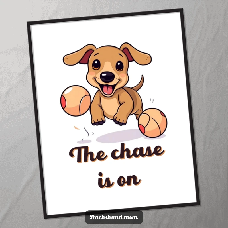 Funny Kawaii Dachshund Digital Art: Adorable dog excitedly chasing bouncing ball, cute pet illustration, energetic wall decor.