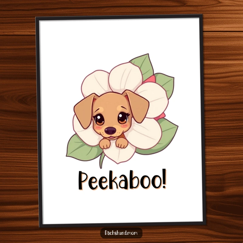 Funny Kawaii dachshund digital art print of a small dog peeking from behind a flower, ready for instant download.