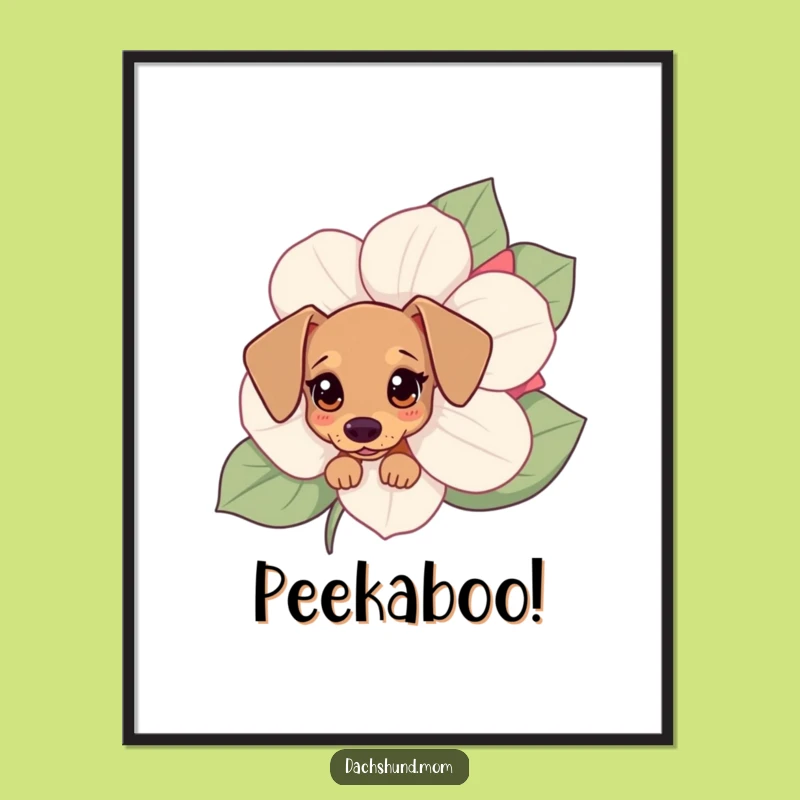 Funny Kawaii Dachshund Digital Art Print - Cute Flower Peek Wall Decor