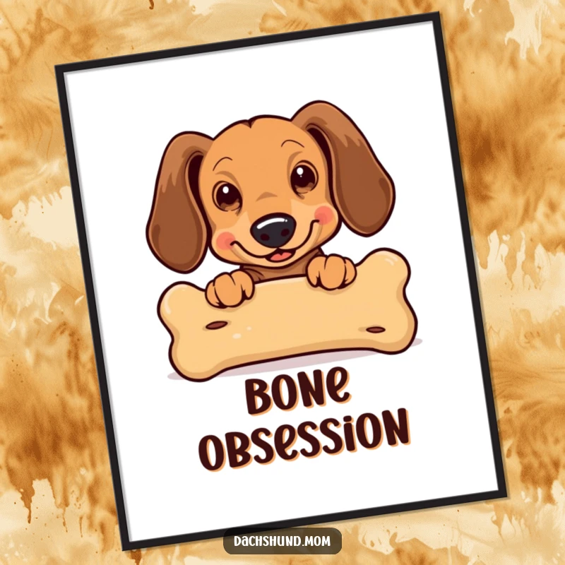 Funny Kawaii Dachshund Digital Art Print: an illustration of an excited dachshund with flapping ears peeking over a large bone, full of charm.