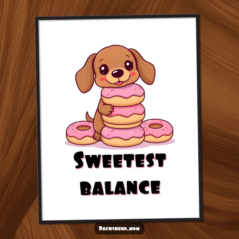 Funny Kawaii Dachshund Digital Art Print of a dog balancing a stack of donuts, perfect for humorous and instant decor.
