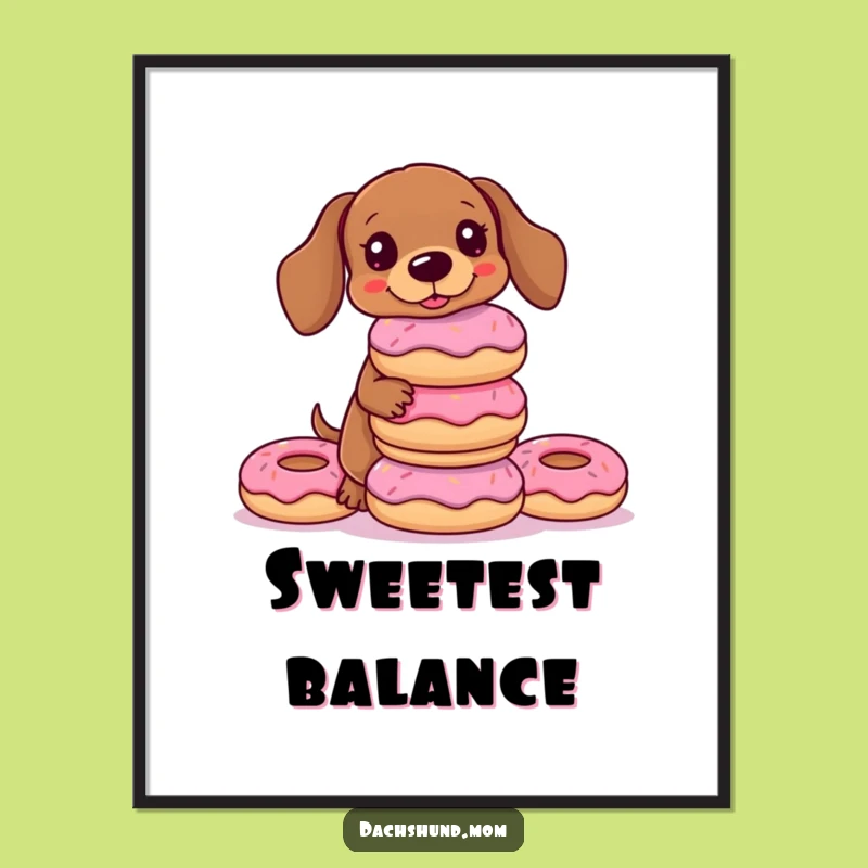 Funny Kawaii Dachshund Donut Digital Art Print: Balancing Act Humor