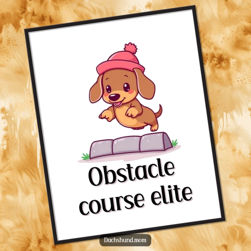 Funny kawaii dachshund wearing a silly hat, jumping over an obstacle, a digital art print showcasing playful dog humor.