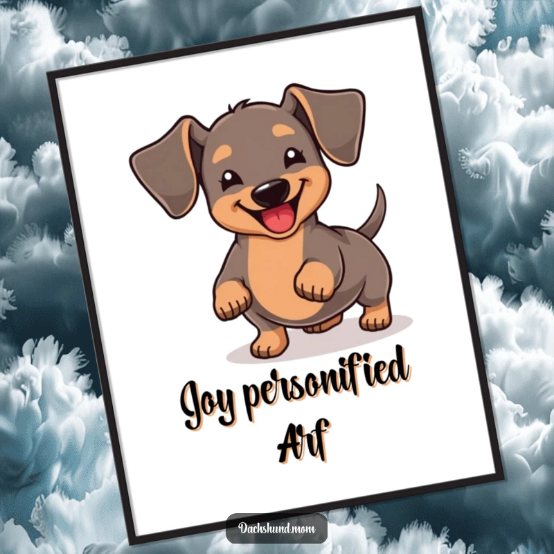 Funny Kawaii Dachshund Digital Art Print: A digital artwork of a dachshund wiggling its stubby tail with immense joy.