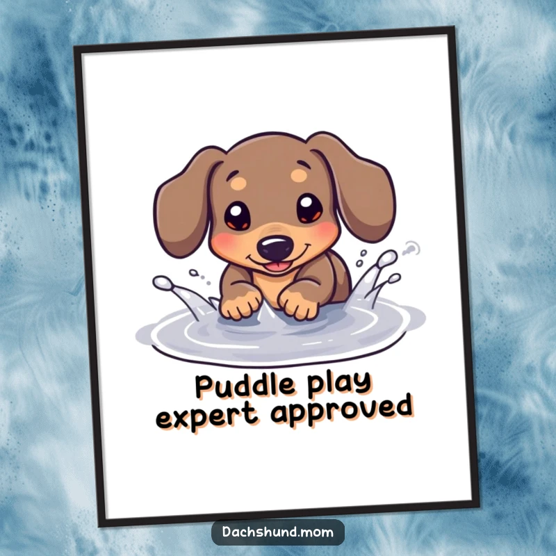 Funny Kawaii Dachshund Digital Art Print: A digital artwork of a dachshund playfully splashing in a tiny puddle.