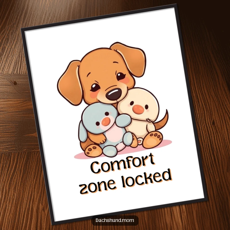 Funny Kawaii Dachshund Digital Art Print, illustration of a dog hugging a toy, conveying tenderness and joy.